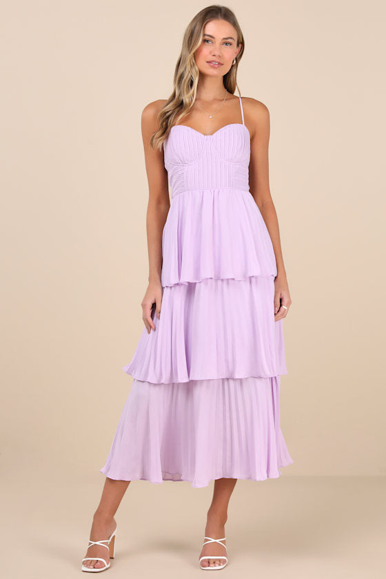 Cascading Crush Blush Pink Tiered Bustier Midi Dress