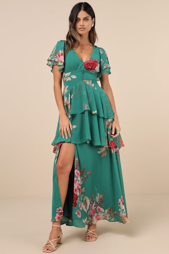 Midnight Mood Pink Floral Print Tiered Maxi Dress