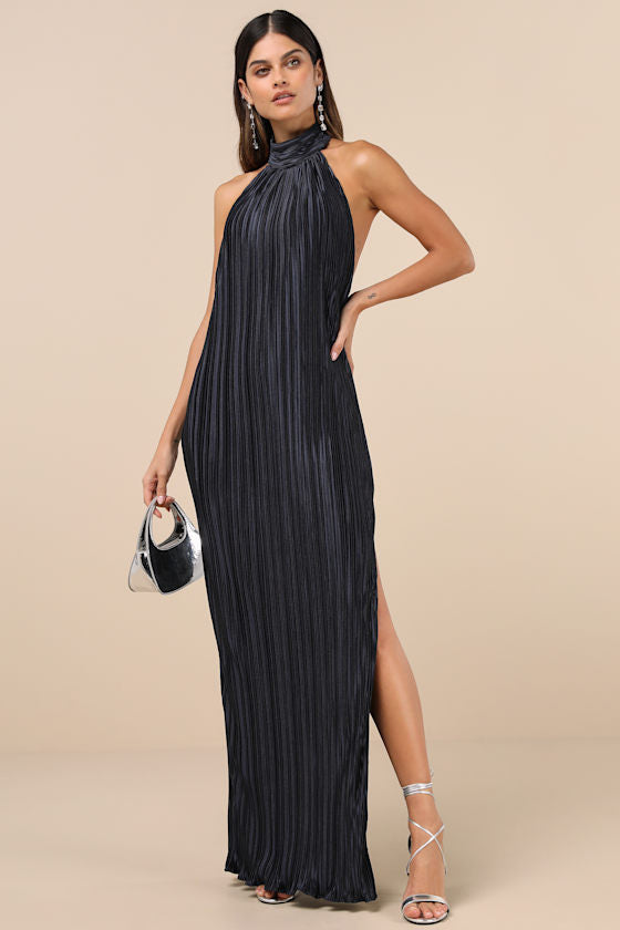 Gwenny Aqua Blue Satin Plisse Maxi Dress