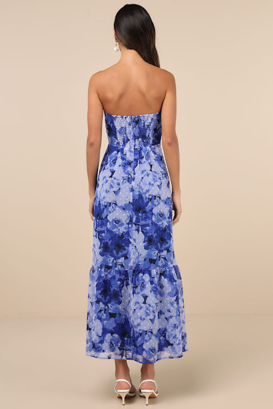 Bright Perspective Plum and Orange Floral Strapless Midi Dress