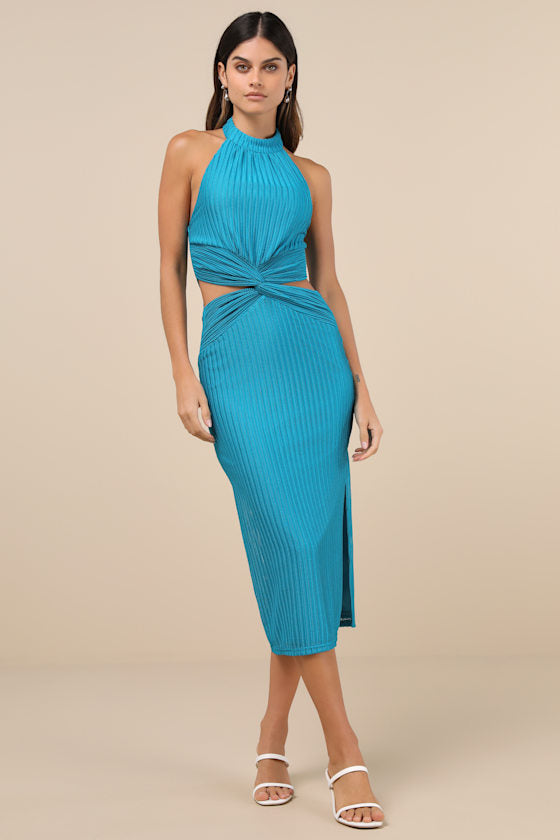 Poised Attitude Burgundy Halter Cutout Twist-Front Midi Dress