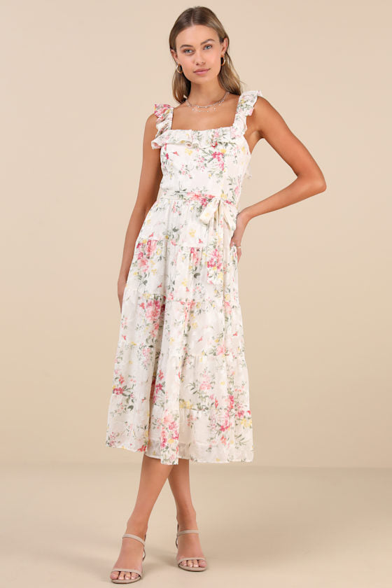 Shela Teal Floral Jacquard Tiered Midi Dress
