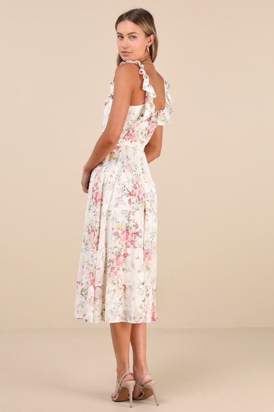 Shela Teal Floral Jacquard Tiered Midi Dress