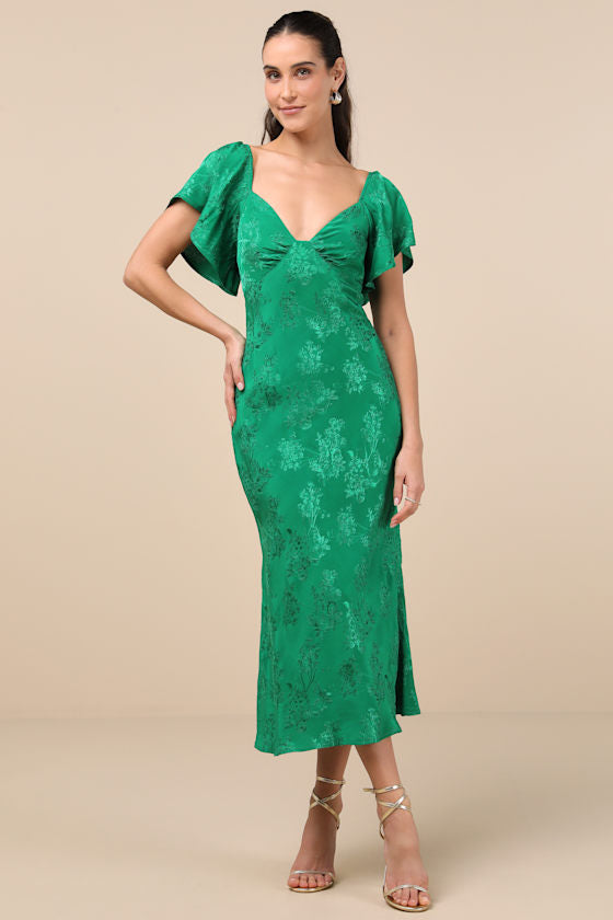 Effervescent Afternoon Slate Satin Flutter Sleeve Midi Dress