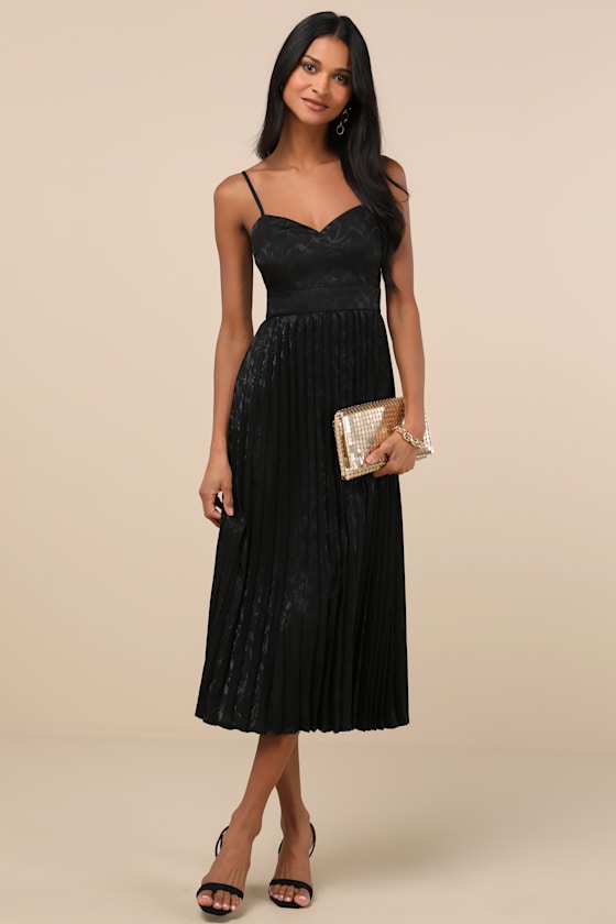 Regal Romance Sage Floral Jacquard Pleated Satin Midi Dress