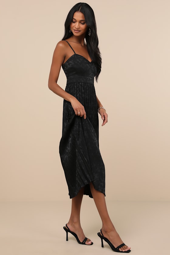 Regal Romance Sage Floral Jacquard Pleated Satin Midi Dress