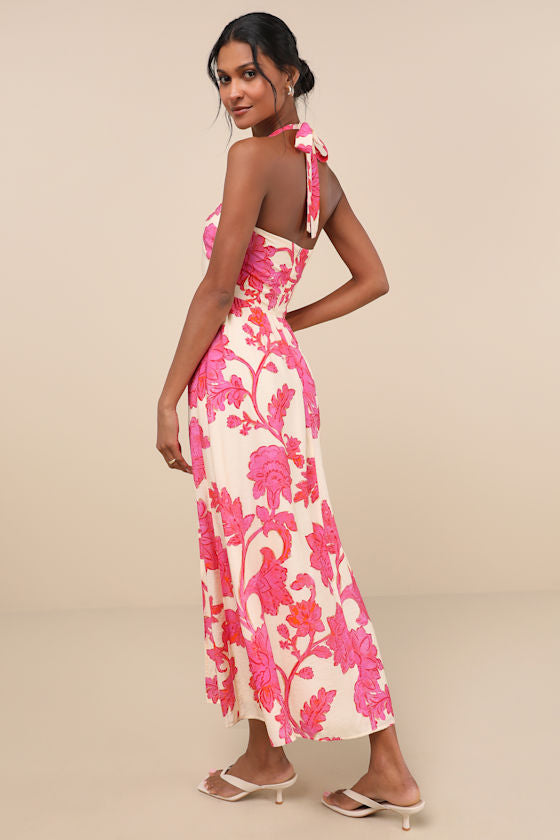 Layton Blue and Cream Floral Halter Maxi Dress