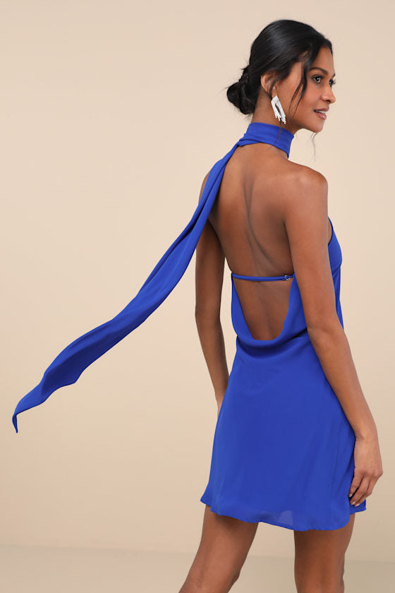Isloda Black One-Shoulder Backless Sash Mini Dress