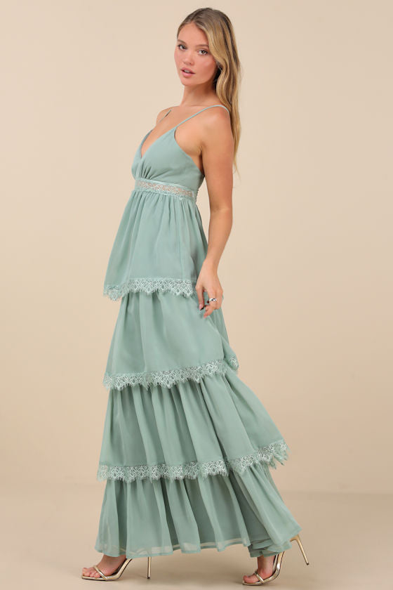 Reed Light Yellow Tiered Lace Maxi Dress