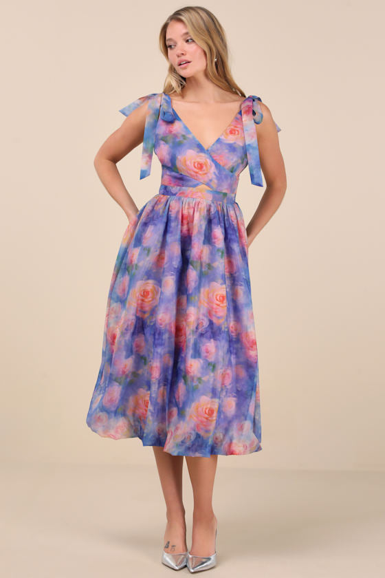 Flowering Day Dream Teal Blue Floral Organza Midi Bubble Dress