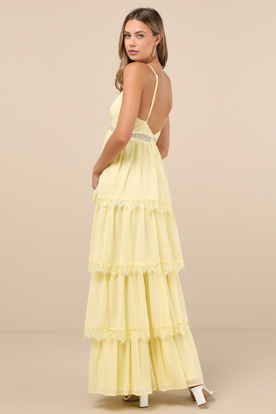 Reed Light Yellow Tiered Lace Maxi Dress