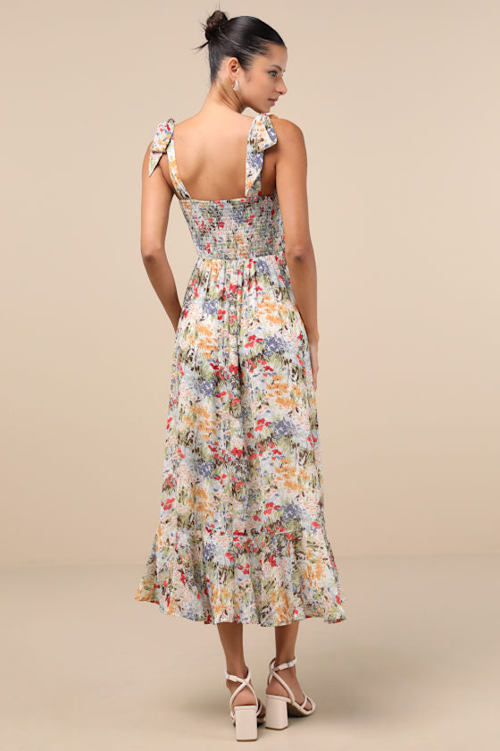 Summer Invite White and Pink Toile Tie-Strap Tiered Midi Dress