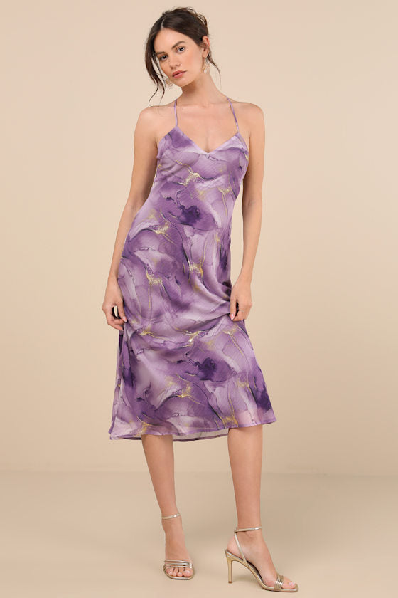 Bright Charm Light Blue Abstract Print Chiffon Slip Midi Dress