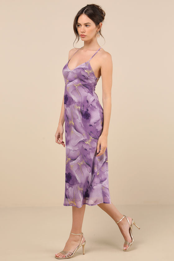 Bright Charm Light Blue Abstract Print Chiffon Slip Midi Dress