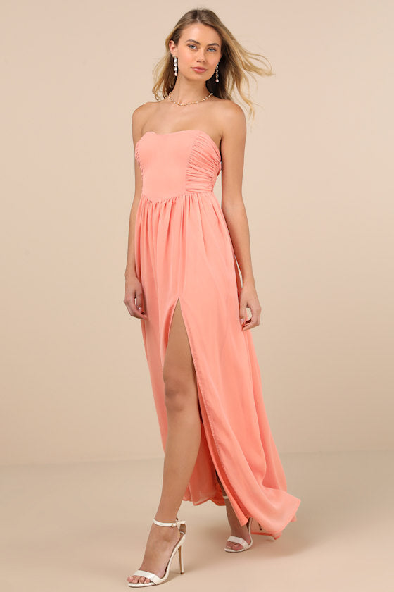 Luxe Favorite Dark Purple Strapless Ruched Maxi Dress