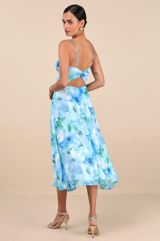 Radiant Feelings Navy and Pink Floral Chiffon Midi Dress
