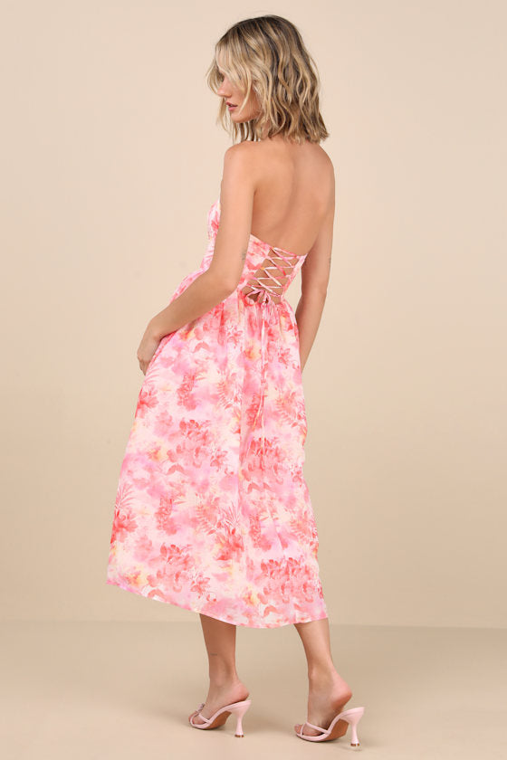 Eulalia Light Blue Floral Lace-Up Strapless Bustier Midi Dress