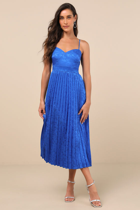 Regal Romance Emerald Floral Jacquard Pleated Satin Midi Dress