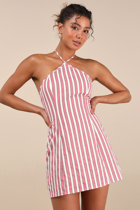 Madelia Tan Striped Halter Mini Dress