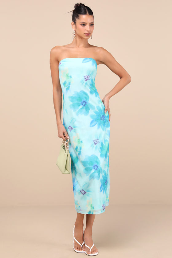 Jaylah Mint Multi Mesh Strapless Midi Dress
