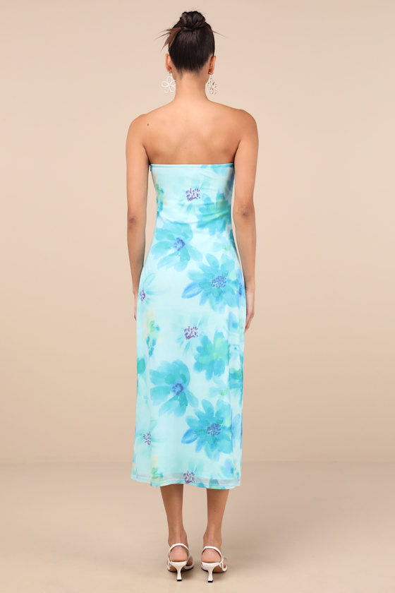 Jaylah Brown Polka Dot Mesh Strapless Midi Dress