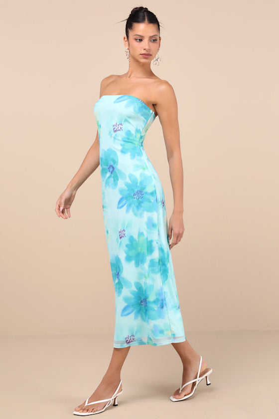 Jaylah Brown Polka Dot Mesh Strapless Midi Dress