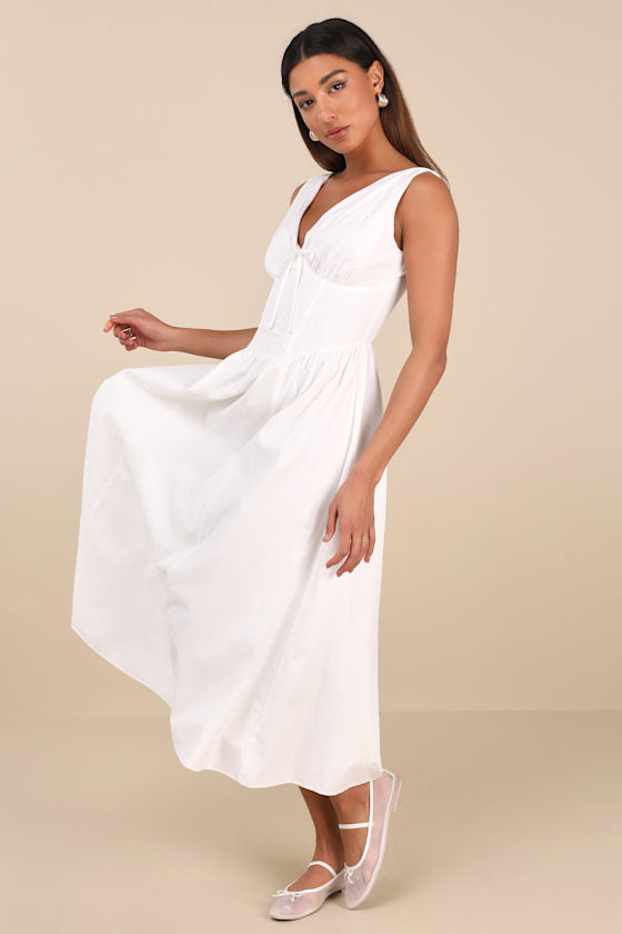 Lettie Red Poplin Plunge Neck Midi Dress