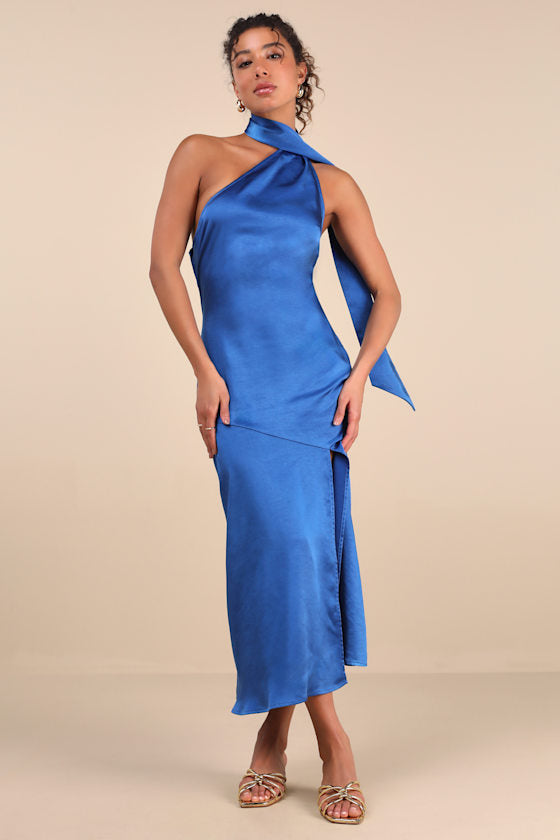 Reglan Lime Satin One-Shoulder Sash Midi Dress
