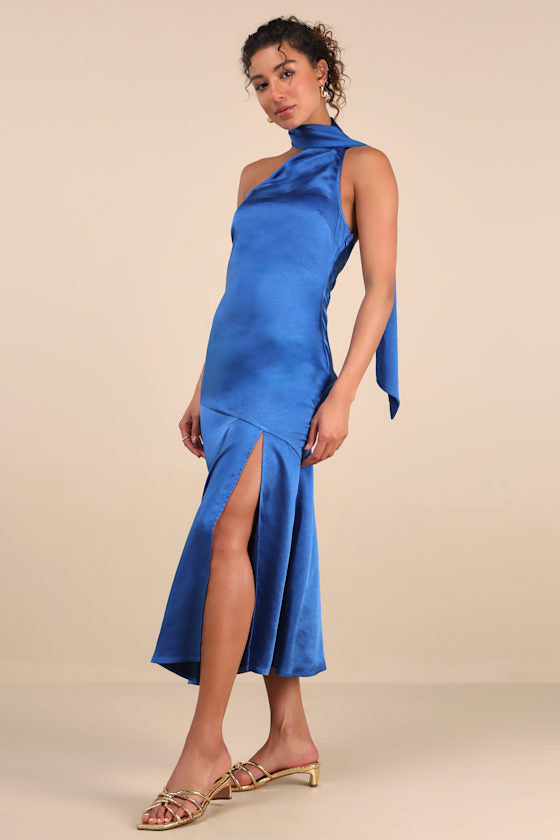 Reglan Pink Satin One-Shoulder Sash Midi Dress
