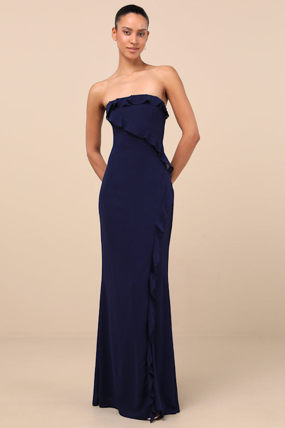 Excellent Sensation Blue Floral Strapless Ruffled Maxi Dress