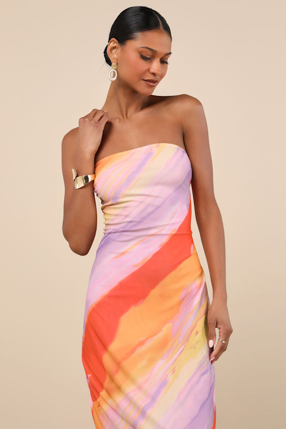 Jaylah Aqua Blue Floral Mesh Strapless Midi Dress