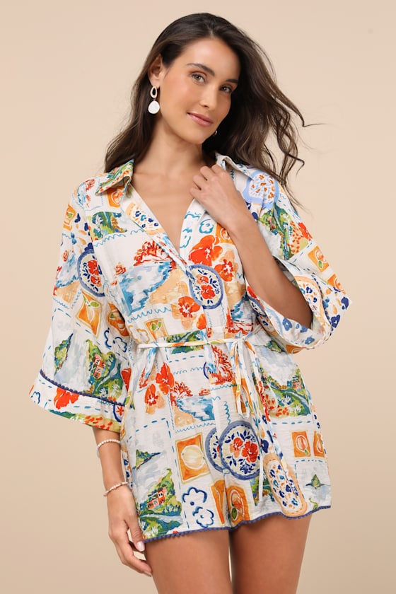 Azzurra Ivory Multi Print Three-Quarter Sleeve Romper