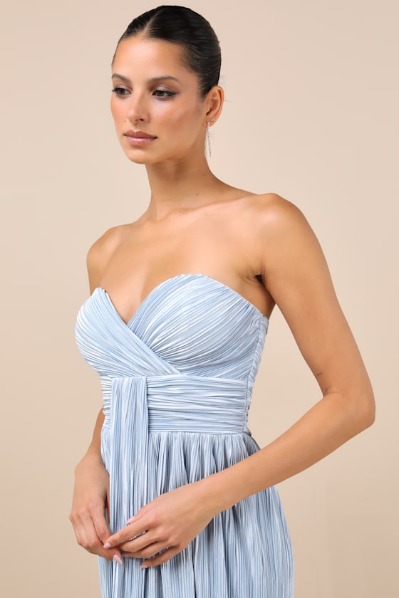 Oswin Lime Green Satin Plisse Strapless Maxi Dress