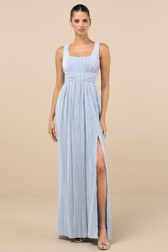 Ameena Navy Blue Plisse Square Neck Sash Maxi Dress