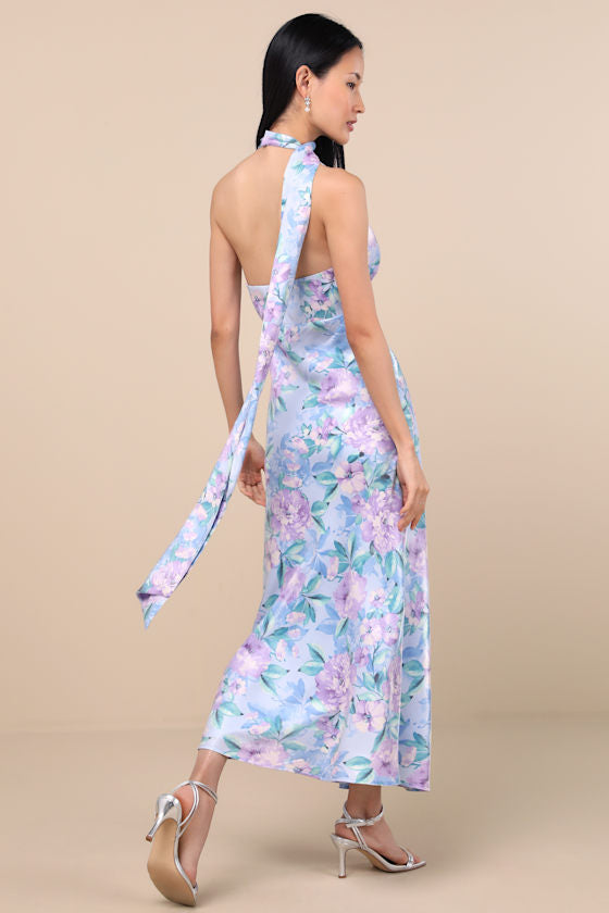 Malani Dark Teal Floral Satin Sash Midi Dress