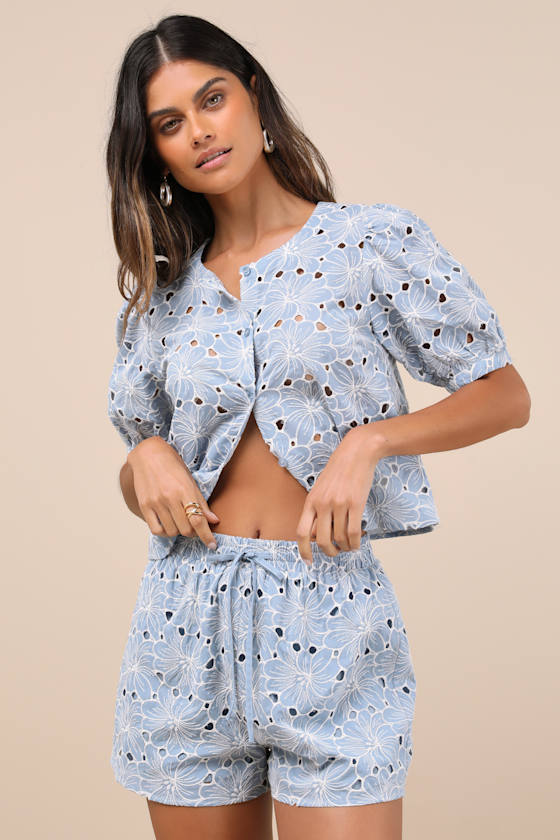Aminta Blue Eylet Embroidered Drawstring Shorts