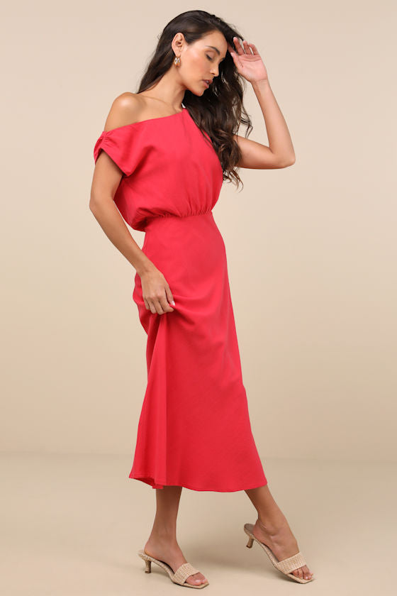 Casual Enchantment Orange Linen Off-the-Shoulder Midi Dress