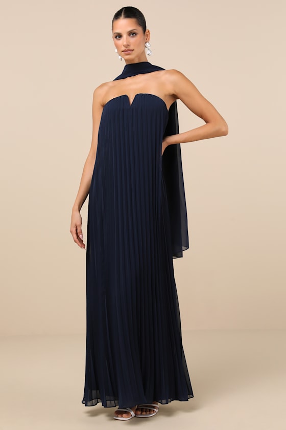 Lael Green Pleated Strapless Dress and Scarf Set