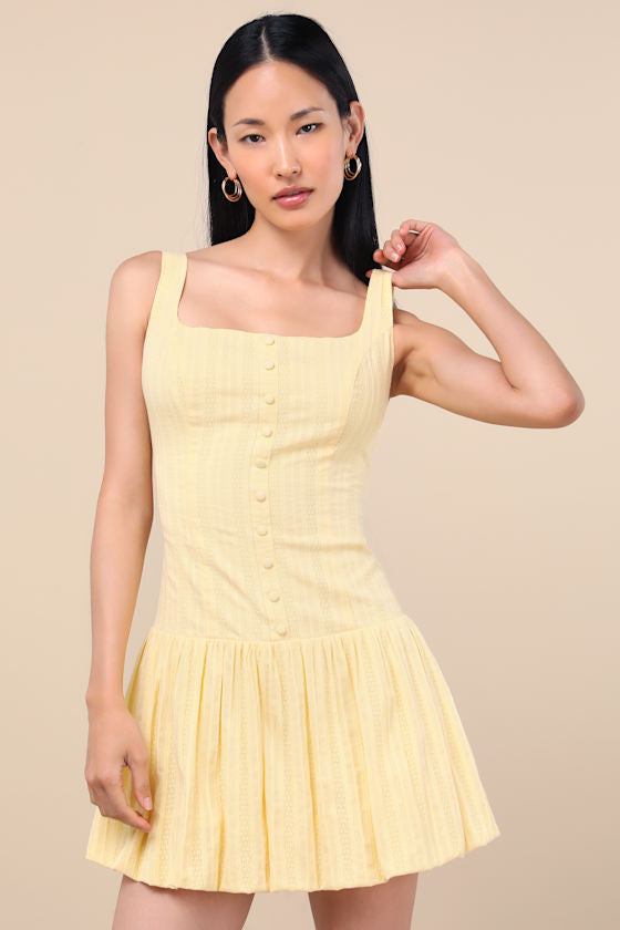 Khamari White Textured Drop Waist Bubble-Hem Mini Dress