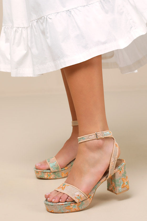 Elodina Multi Floral Raffia Platform High Heel Sandals