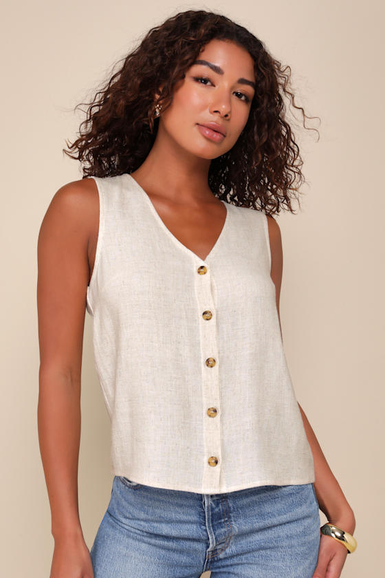 Casually Sophisticated Brown Linen Sleeveless Button-Front Top