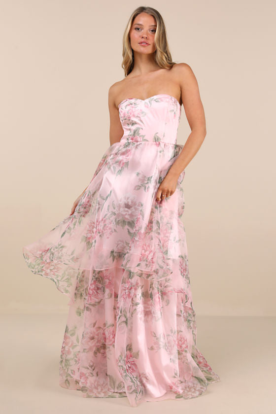 Truly Extraordinary Black Floral Organza Strapless Maxi Dress