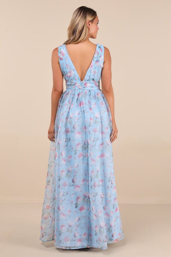 Garden Romance Magenta Floral Print Organza Maxi Dress