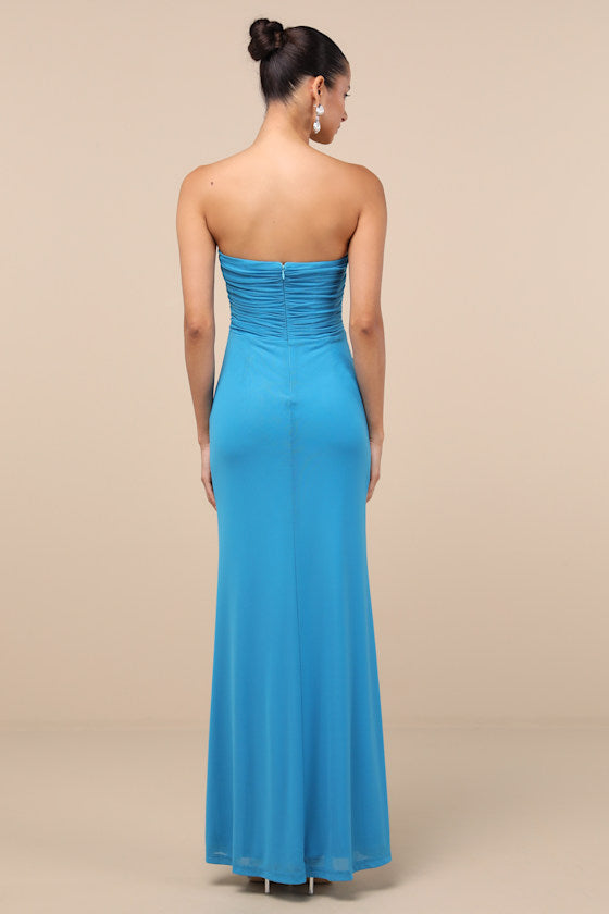 Epitome of Allure Black Mesh Strapless Ruched Maxi Dress