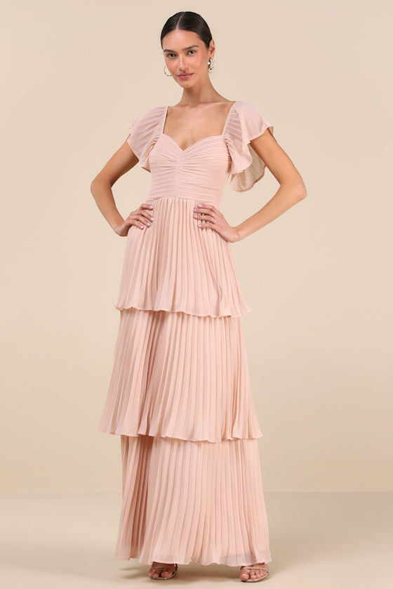 Notorious Charm Navy Blue Pleated Flutter Sleeve Maxi Dress