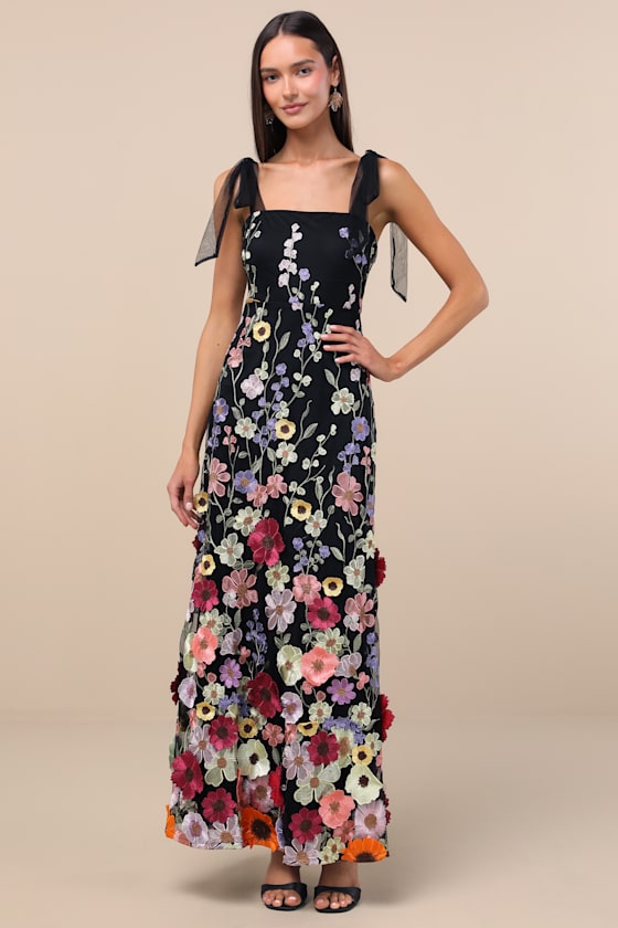 Thriving Poise Blush 3D Floral Embroidered Tie-Strap Maxi Dress