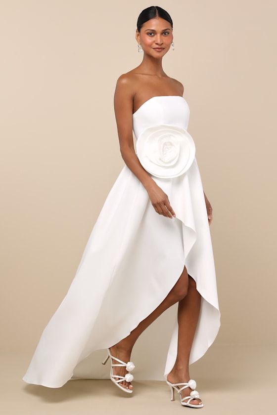 Emiliana White 3D Rosette Strapless High-Low Maxi Dress