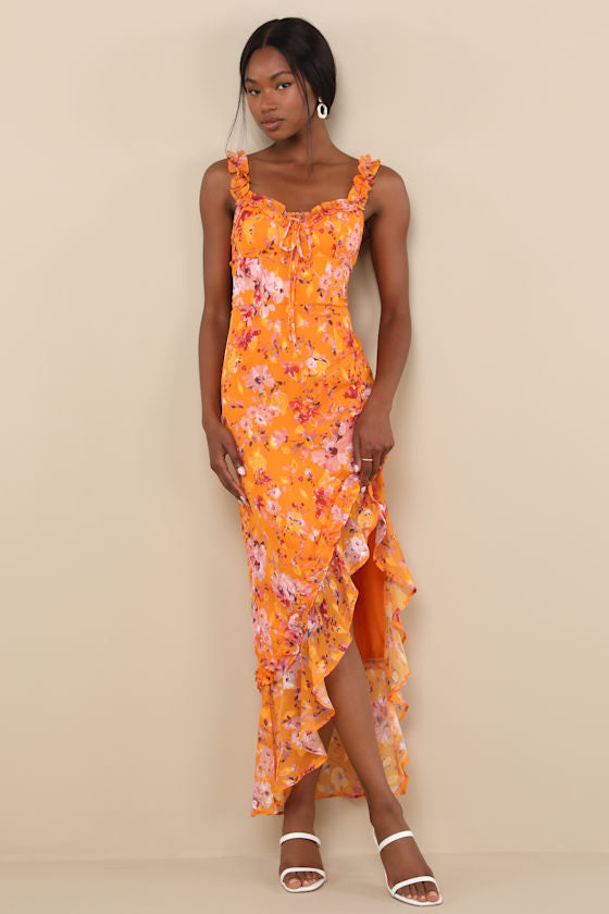 Lovable Spirit Pink Floral Burnout Ruffled High-Low Maxi Dress