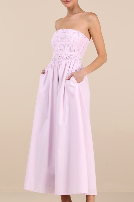 Ania White Strapless Smocked Midi Dress
