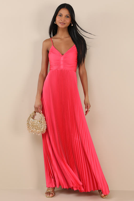 Dreaming in Color Pink Abstract V-Neck Pleated Satin Maxi Dress